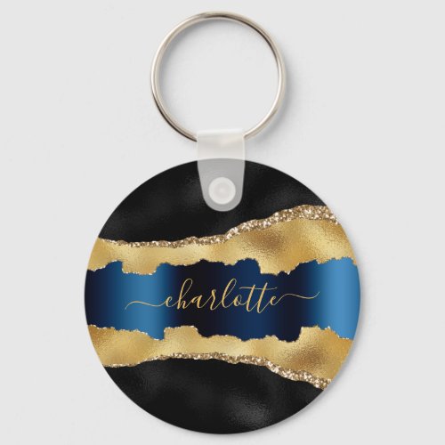 Black gold navy blue agate marble name script  keychain