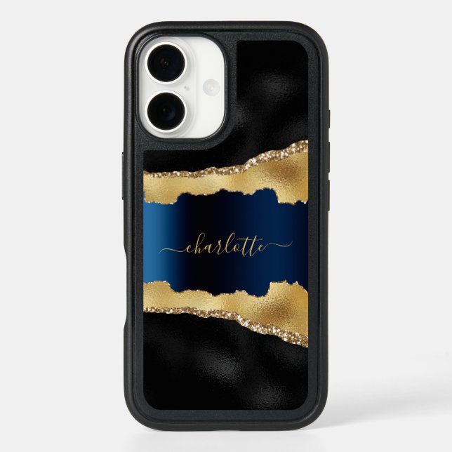Black gold navy blue agate marble name script otterbox iPhone case (Back)