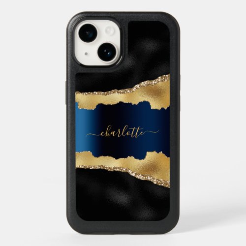 Black gold navy blue agate marble name script OtterBox iPhone 14 case