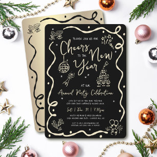 Black Gold New Year Cheer Hand Drawn Sketch Party Invitation