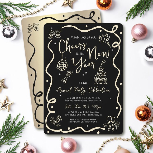 Black Gold New Year Cheer Hand Drawn Sketch Party Invitation (Creator Uploaded)