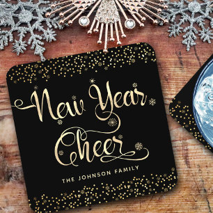 Black Gold New Year Cheer Script Snowflake Glitter Beverage Coaster