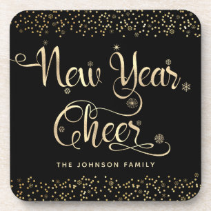 Black Gold New Year Cheer Script Snowflake Glitter Beverage Coaster
