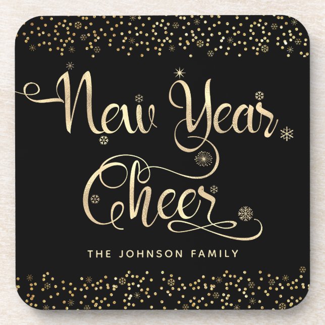 Black Gold New Year Cheer Script Snowflake Glitter Beverage Coaster (Front)