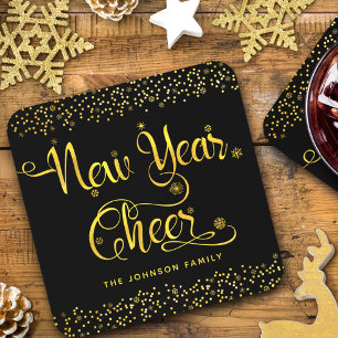 Black Gold New Year Cheer Snowflakes Confetti Name Beverage Coaster