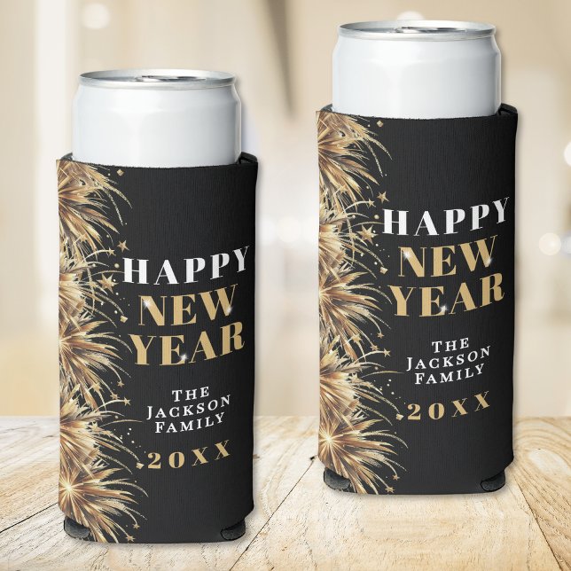 Black Gold New Year's Eve Party Seltzer Can Cooler (Modern Black Gold Firework New Year's Eve Party Seltzer Can Cooler)