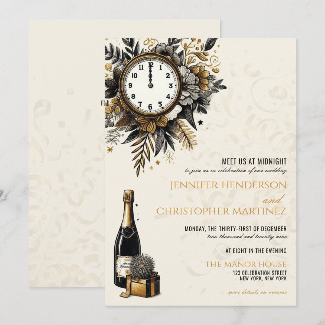 Black & Gold New Years Eve QR Wedding Invitation (Front/Back)