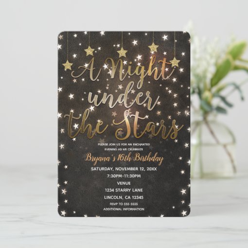 Black & Gold Night Under the Stars Sweet 16 Invitation Zazzle