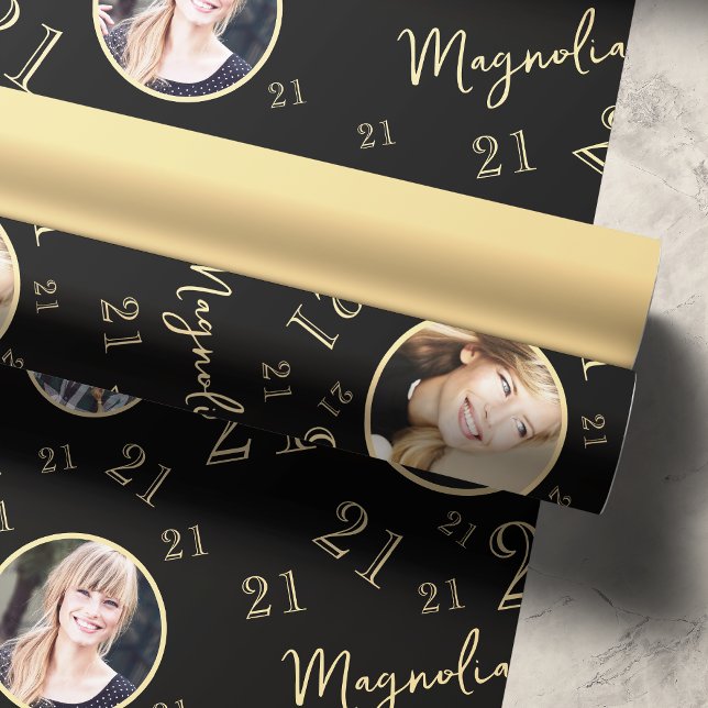 Black Gold Number Photo 21st Birthday  Wrapping Paper (Creator Uploaded)