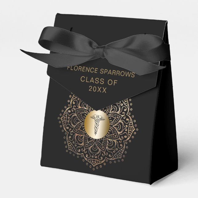 Black Gold Nurse Graduation Caduceus Favor Boxes (Front Side)