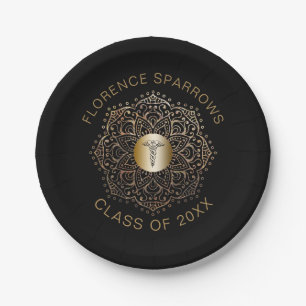 Black Gold Nurse Graduation Caduceus Symbol Paper Plates