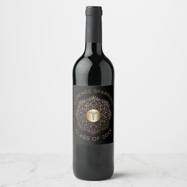 Black Gold Nurse Graduation Caduceus Symbol Wine Label (Front)