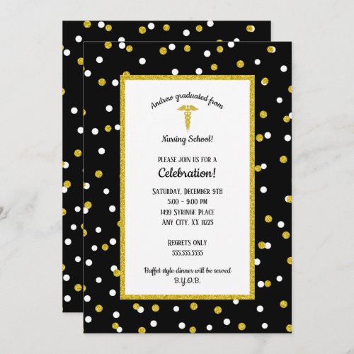 Black Gold Nurse graduation party neutral gender Invitation