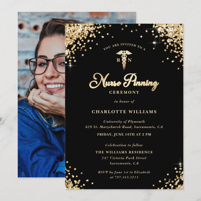 Black Gold Nurse Pinning Ceremony Photo Invitation (Front/Back)