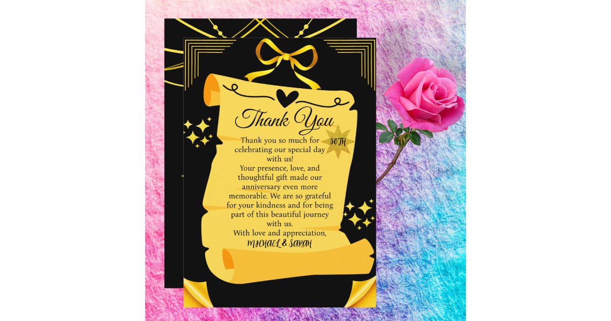 Black & Gold Old Scroll 50th Wedding Anniversary Thank You Card | Zazzle