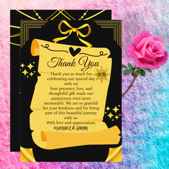 Black & Gold Old Scroll 50th Wedding Anniversary Thank You Card | Zazzle