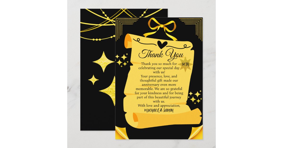 Black & Gold Old Scroll 50th Wedding Anniversary Thank You Card | Zazzle