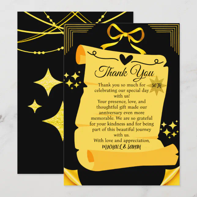 Black & Gold Old Scroll 50th Wedding Anniversary Thank You Card | Zazzle