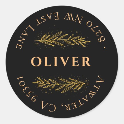 Black Gold Olive Monogram Return Address Classic Round Sticker