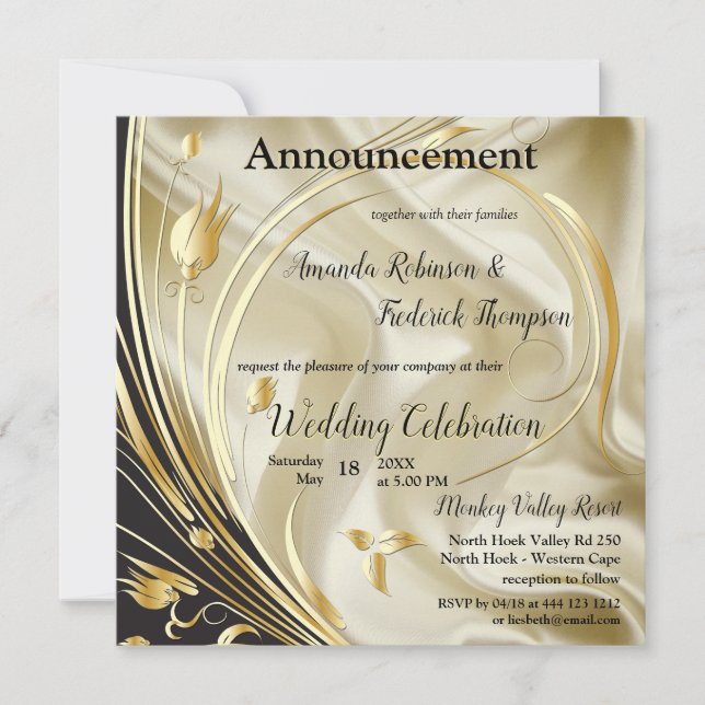Black & Gold on Champagne Silk Wedding Announcement (Front)