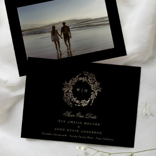 Black Gold on Ebony Botanical Monogram Wedding Save The Date