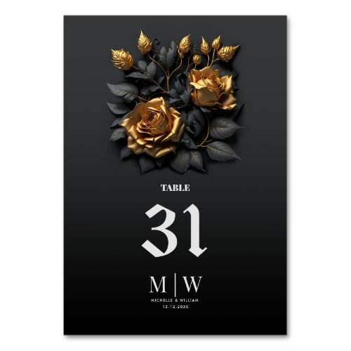 Black Gold Orange Roses Gothic Monogram Wedding  Table Number