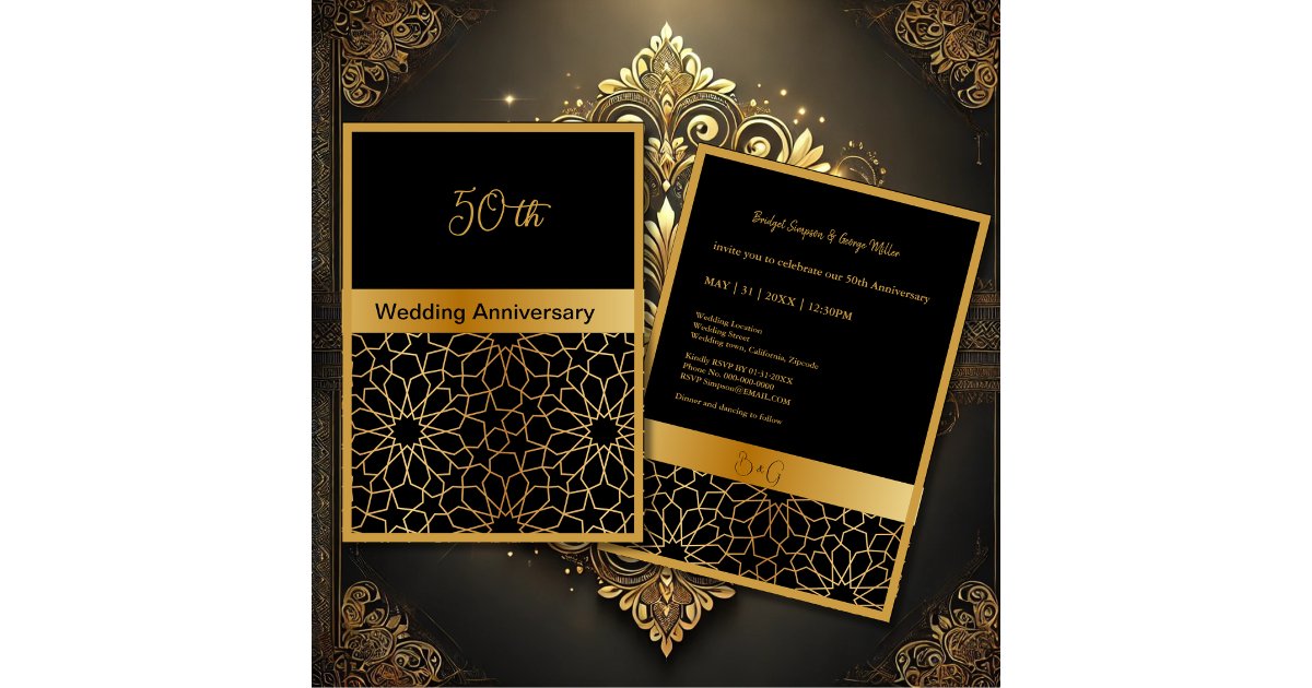 black gold ornament 50th wedding anniversary card | Zazzle
