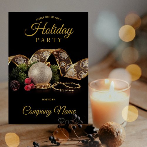 Black Gold Ornament Ribbon Corporate Holiday Party Invitation
