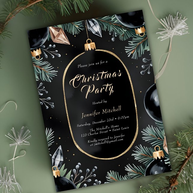 Black Gold Ornaments Modern Christmas Party Invitation (Black Gold Ornaments Modern Christmas Party Invitation)