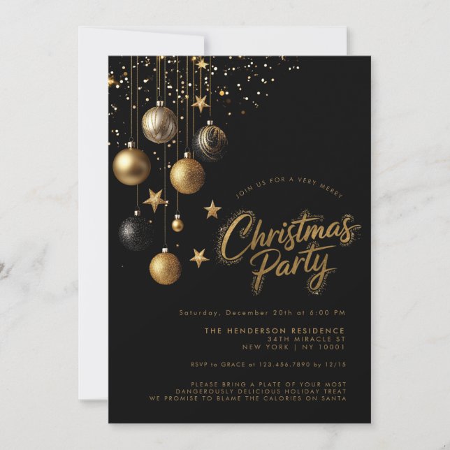 Black Gold Ornaments Sparkle Stars Christmas Party Invitation (Front)