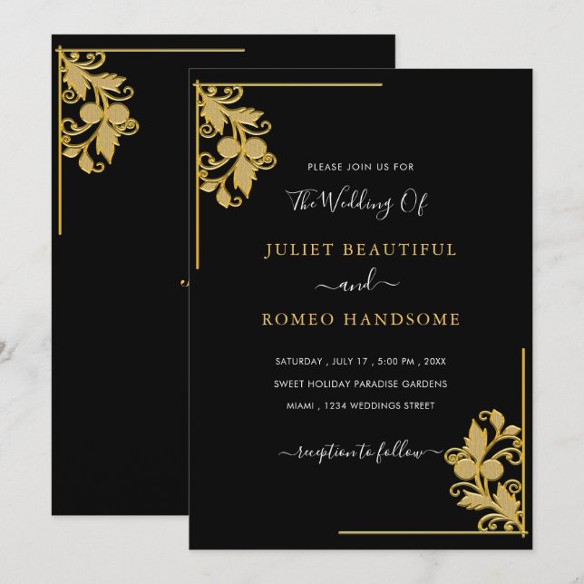 Black Gold Ornaments Wedding Invitation Template (Front/Back)