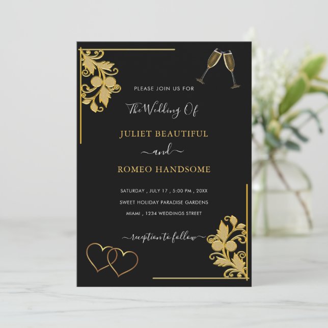 Black Gold Ornaments Wedding Invitation Template (Standing Front)