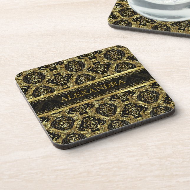 Black & Gold Ornate Baroque Design-Monogram Coaster (Left Side)