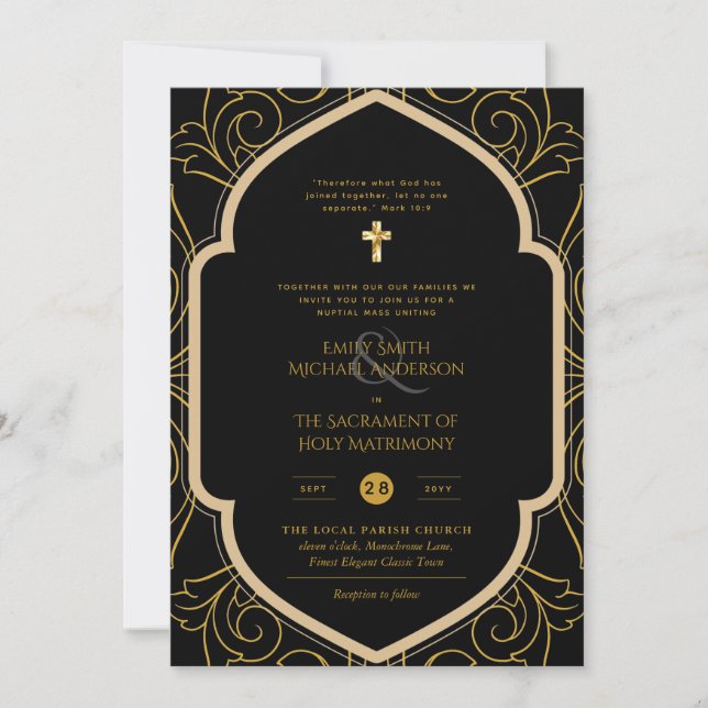 Black Gold Ornate Catholic Nuptial Mass Wedding Invitation (Front)