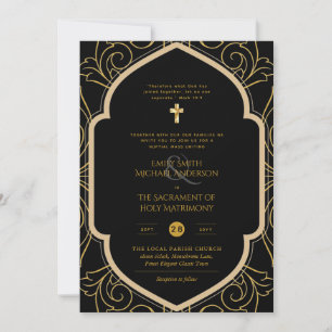 Black Gold Ornate Catholic Nuptial Mass Wedding Invitation