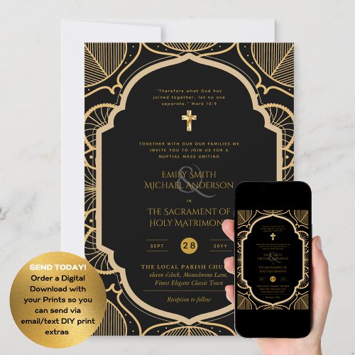 Black Gold Ornate Catholic Nuptial Mass Wedding Invitation