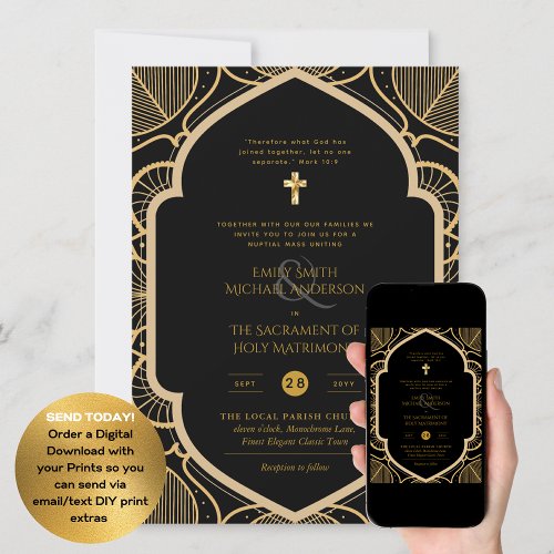 Black Gold Ornate Catholic Nuptial Mass Wedding Invitation