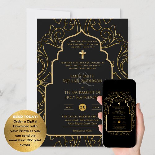 Black Gold Ornate Catholic Nuptial Mass Wedding Invitation