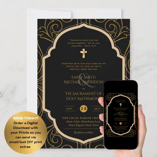 Black Gold Ornate Catholic Nuptial Mass Wedding Invitation