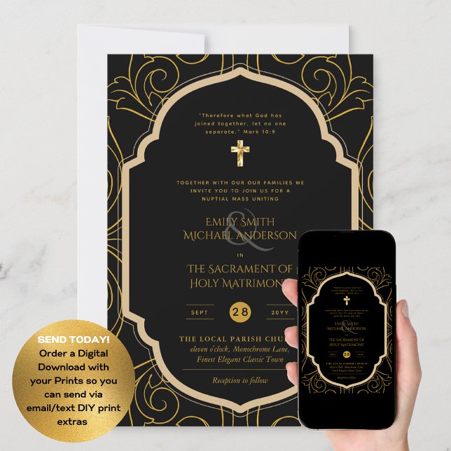 Black Gold Ornate Catholic Nuptial Mass Wedding Invitation (Creator Uploaded)