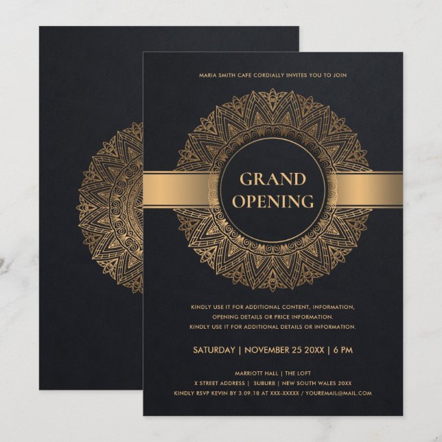 BLACK GOLD ORNATE CLASSIC MANDALA GRAND OPENING INVITATION (Front/Back)