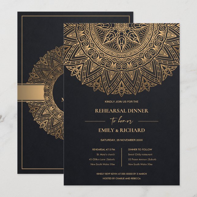 BLACK GOLD ORNATE CLASSIC MANDALA REHEARSAL DINNER INVITATION (Front/Back)