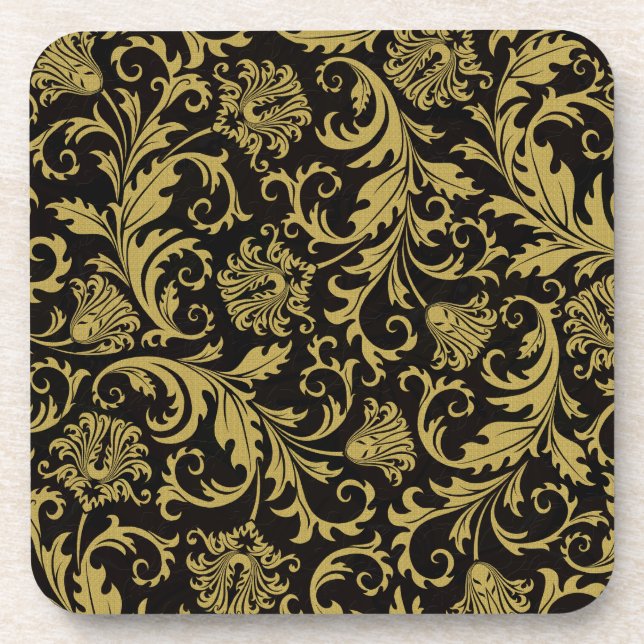 Black & Gold Ornate Floral Damask Design Pattern Beverage Coaster (Front)