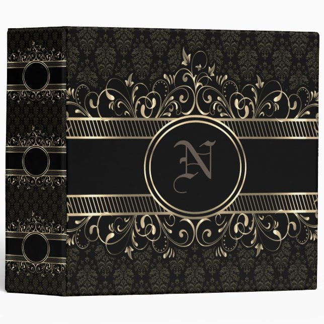 Black & Gold Ornate Gothic Monogrammed 3 Ring Binder (Front/Spine)