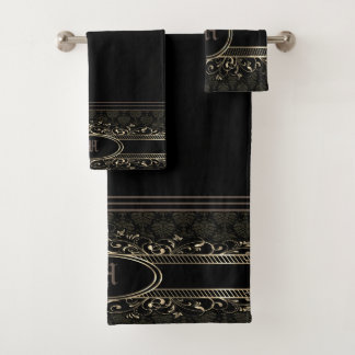 Black & Gold Ornate Gothic Monogrammed Bath Towel Set