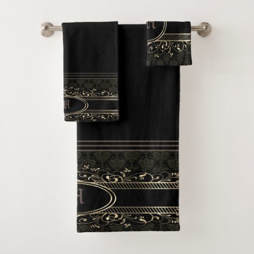 Black  Gold Ornate Gothic Monogrammed   Bath Towel Set