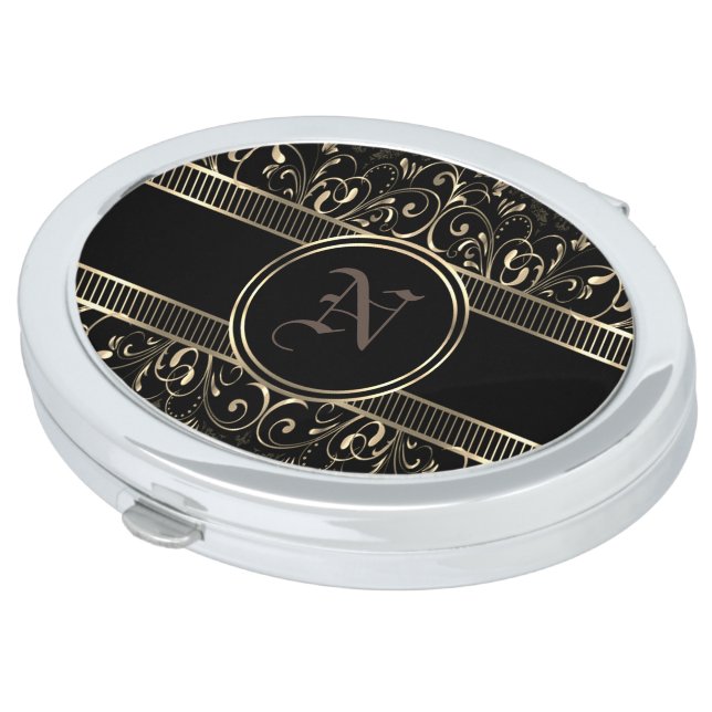 Black & Gold Ornate Gothic Monogrammed  Compact Mirror (Turned)