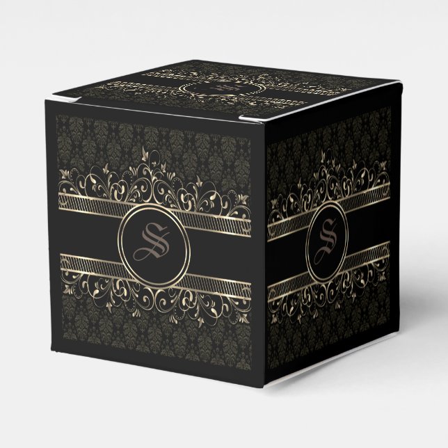 Black & Gold Ornate Gothic Monogrammed  Favor Box (Front Side)