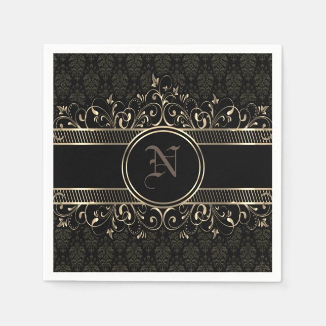 Black & Gold Ornate Gothic Monogrammed   Napkins (Front)