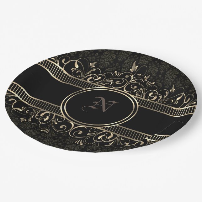 Black & Gold Ornate Gothic Monogrammed  Paper Plates (Angled)